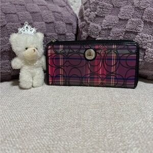 Coach Plaid Signature Zip Wallet in Pink and Purple